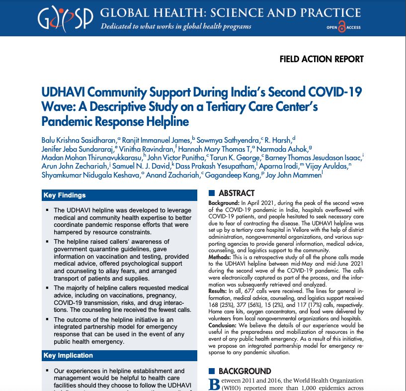 UDHAVI Community Support — GHSP journal feature